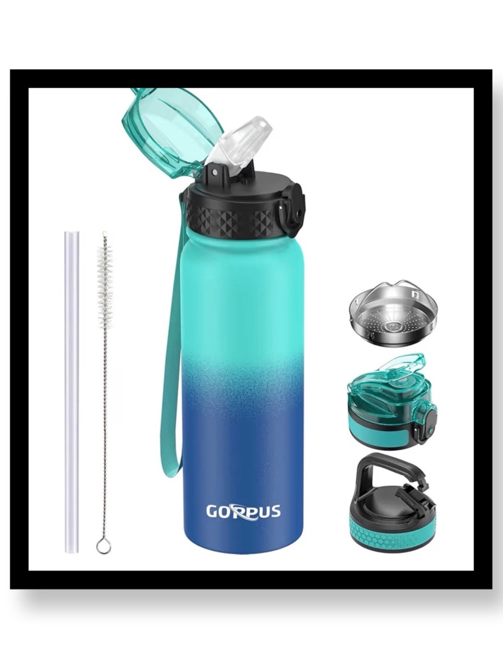 🆕 Teal to Blue Gradient Sports Water Bottle with Straw Lid
